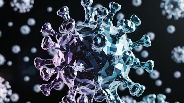 Abstract virus particle with geometric crystal surface and iridescent colors. Dark bokeh background enhances mutation concept and modern scientific visualization usage