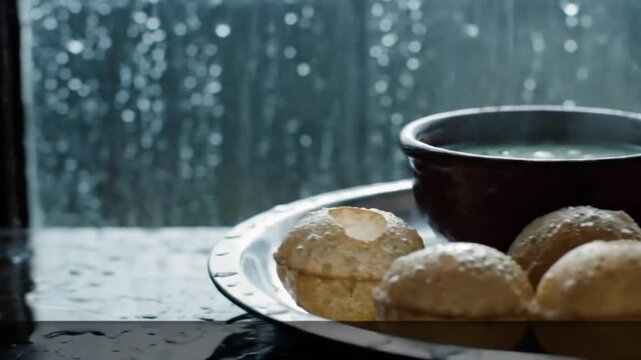Close-up of delicious indian pani puri and savory water served on a plate by a rainy window.