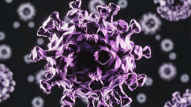 Crystal-like virus particle with shifting iridescent colors in dark microscopic space. Ideal for mutation concept, microbiology visuals, and medical science backgrounds