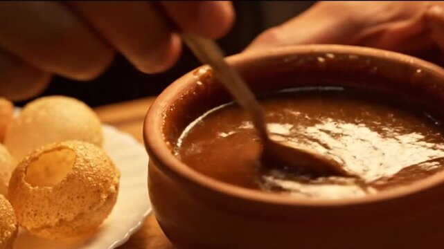 Close-up of a hand stirring delicious brown tamarind water for pani puri, a popular indian street food, in warm, inviting light.