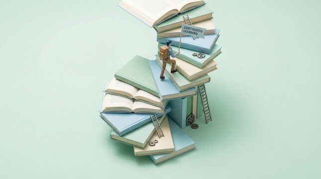 Figurine climbing book steps symbolizing continuous learning and growth