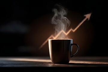 Fototapeta premium Steaming coffee cup with rising golden upward arrow graph made of steam. Concepts of achievement, progress, career advancement, performance increase or caffeine kick