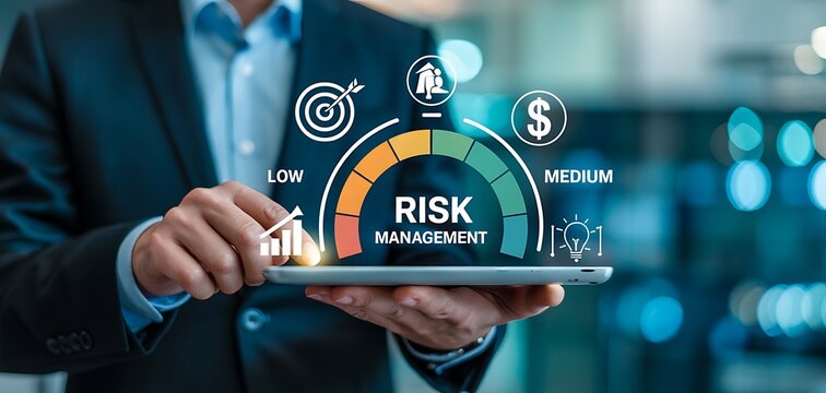 Businessman holding tablet with risk management concept on screen.