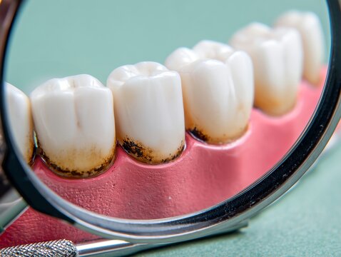 Dental model showing plaque and tartar buildup with magnifying mirror