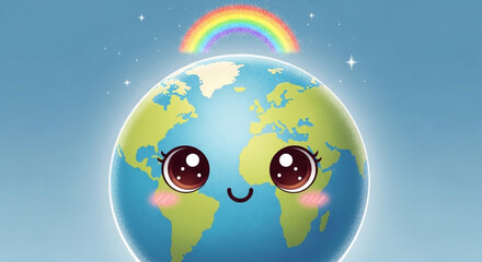 Fototapeta premium Smiling earth with cartoon eyes and rainbow symbolizing happiness and environmental care
