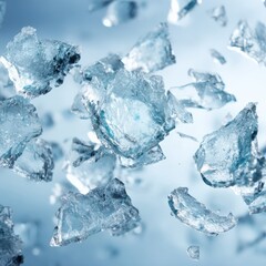 Obraz premium Shattered ice fragments captured in clear blue background