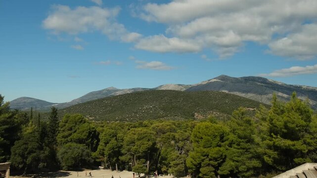 view of the mountains from the ancient amphitheater in Epidaurus, Peloponnese, Greece