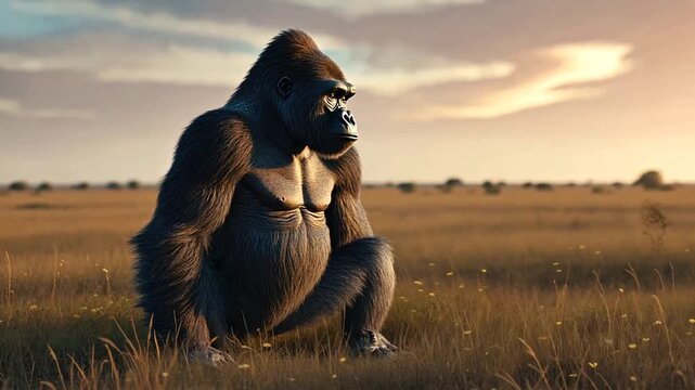 A majestic silverback gorilla, a powerful symbol of wild nature, sits thoughtfully amidst the golden grasses of a vast savanna landscape at sunset, showcasing its impressive presence