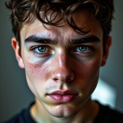 Fototapeta premium Young Adult Experiencing Climate Anxiety concept. Close-up portrait of a young man with intense eyes and textured skin in dramatic lighting.