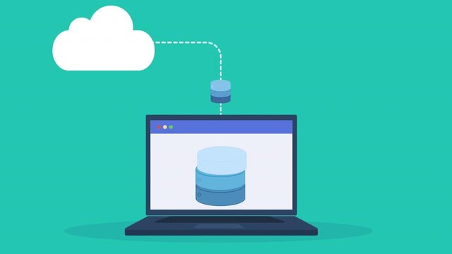 Animated vector illustration showing cloud database download from laptop, representing data transfer, synchronization, backup, and modern cloud computing workflow.