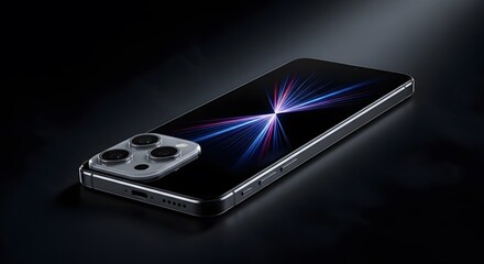 A smartphone with multiple camera lenses lies on a dark surface with a neon light effect displayed on its screen from an angled viewpoint.