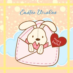 Cute Easter Bunny Peeking out of Pink Envelope with Red Heart, Happy Easter Greeting Card on Cloud Background