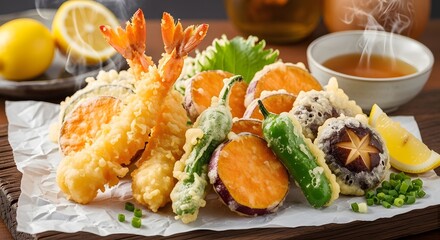 A delicious serving of assorted tempura including shrimp, vegetables, and sauce on a wooden table, captured from a straight-on viewpoint