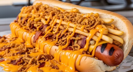 A close-up of a hotdog bun filled with chili cheese fries and sausage, topped with cheese and onions, served on a plate