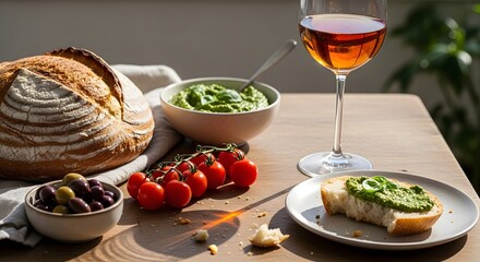 A wooden table holds bread, tomatoes, olives, guacamole, and a glass of rose wine in a warm and inviting setting.