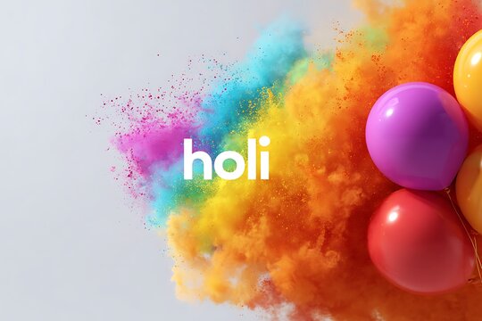 Holi festival celebration background with colorful powder explosion, vibrant party balloons on bright backdrop, festive spring holiday design