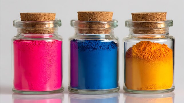 Vibrant pigment powder in glass jars with cork stoppers, colorful dry paint pigments for art supplies, bright pink blue and yellow dye powders on white background