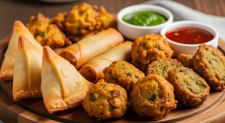 Assorted Indian snacks including samosas and pakoras served with chutneys on a wooden platter viewed from above