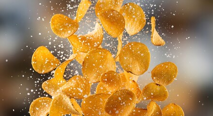 Crispy potato chips floating in mid-air with salt sprinkles, captured from a dynamic viewpoint