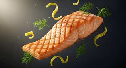 Grilled salmon fillet with lemon twists and parsley on a dark background, viewed from above