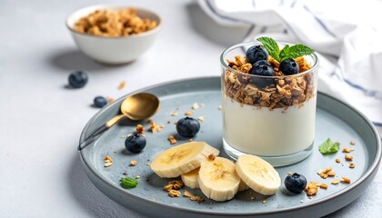 A glass of yogurt with granola and blueberries on a plate