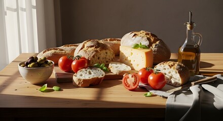 Freshly baked bread, tomatoes, and olive oil beautifully arranged on a wooden table with natural light casting shadows.