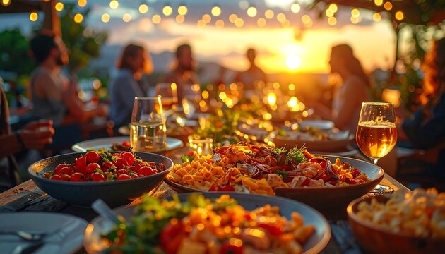 Al fresco dining scene at sunset with a group of people enjoying food on a long wooden table under string lights