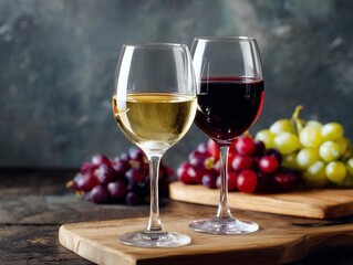 Red and white wine glasses with fresh grapes on a wooden board