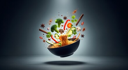 A bowl of noodles with vegetables and chopsticks being tossed in the air with a spotlight shining down