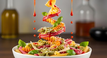 Vibrant salad ingredients mid-toss in a white bowl, captured from a slightly elevated viewpoint on a kitchen counter.