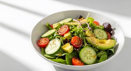 Fresh mixed greens salad with avocado and vegetables in a white bowl on a white surface with natural light casting shadows