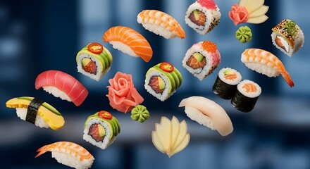 Assorted sushi pieces with wasabi and ginger floating in mid-air against a blurred cityscape background