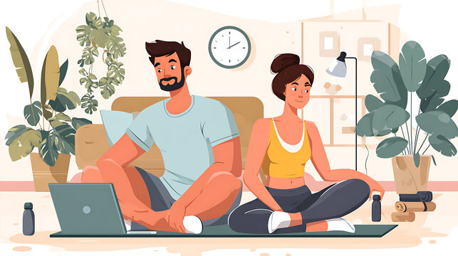Couple following intense online fitness class on computer (2)