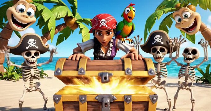 A lively pirate scene on a tropical beach with a treasure chest, playful skeletons, and a parrot