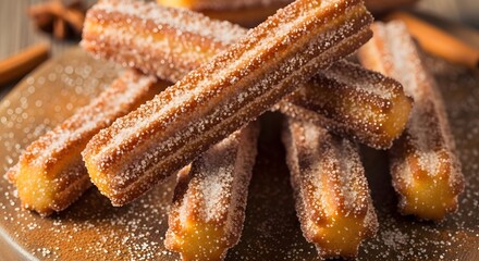 A stack of sugary churros sprinkled with cinnamon sugar on a caramel sauce-covered plate, viewed closely