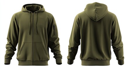 Front and back views of an olive green hooded sweatshirt with a zipper and pockets