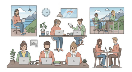 Fototapeta premium Diverse people working remotely in a modern co-working space with scenic views