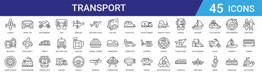 Set of 45 outline transport and vehicle icons including trucks, bus, train, spacecraft, car, airplane, boat. Vector line icons for web and mobile UI design © Digital Bazaar