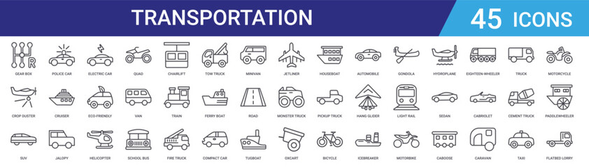 Set of 45 outline transportation vehicle icons including helicopter, electric car, truck, train, bicycle, boat vector icons for web design and mobile applications © Digital Bazaar