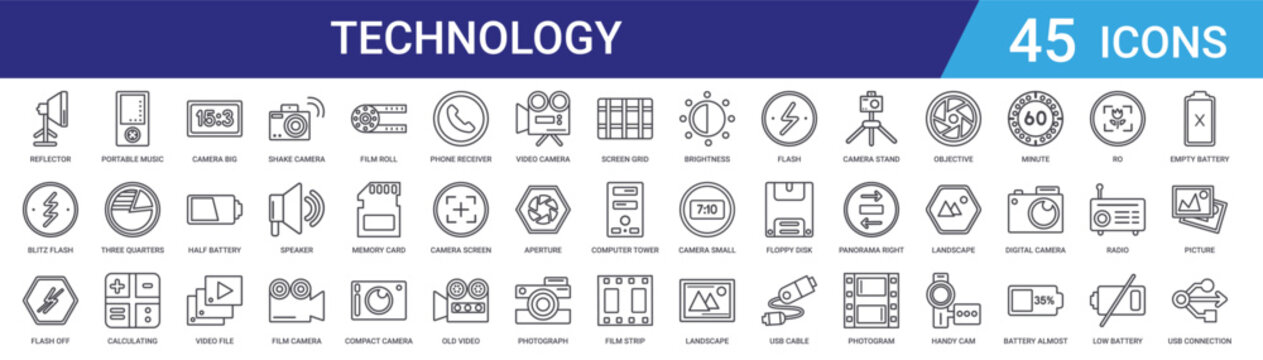 Set of 45 outline web icons including camera, video, battery, music player, calculator, photography, technology vector icons for web design, mobile app, and digital projects