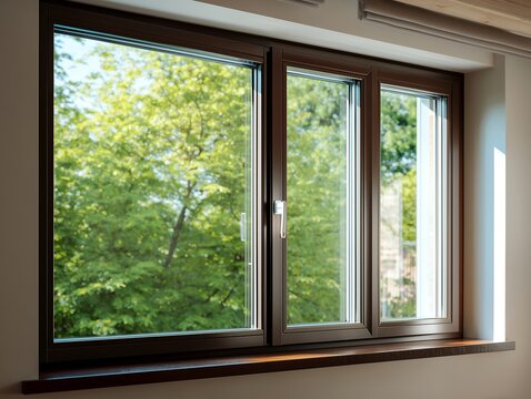 Modern brown window frames with view of lush green garden