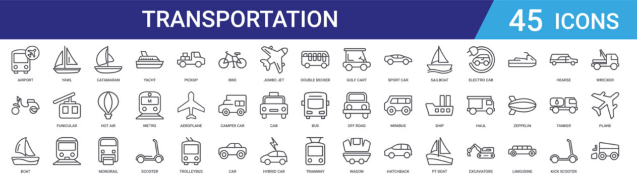Set of 45 outline transportation vehicle icons including yacht, monorail, hot air balloon, catamaran, funicular railway. Line vector icon pack for web and mobile design
