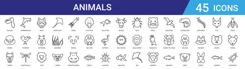 Set of 45 outline animal icons including manta ray, lion, capybara, wolf, dragonfly, sparrow, hammerhead. Editable vector line icons for web and mobile design © Digital Bazaar