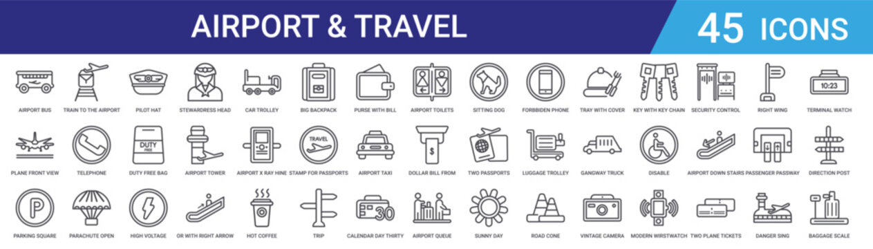 Set of 45 outline airport and travel icons including stewardess, pilot hat, duty free bag, parachute, terminal, luggage vector icons for web design and mobile applications