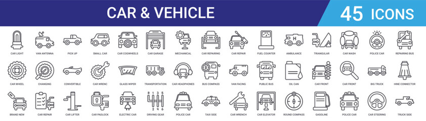 Set of 45 outline car and vehicle icons including small car, truck, convertible, repair tools, car lifter, van. Editable vector line icons for web and mobile app UI design © Digital Bazaar