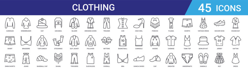 Set of 45 outline clothing and fashion icons including hat, cap, jeans, dress, shoes vector icons for web design and mobile applications © Digital Bazaar