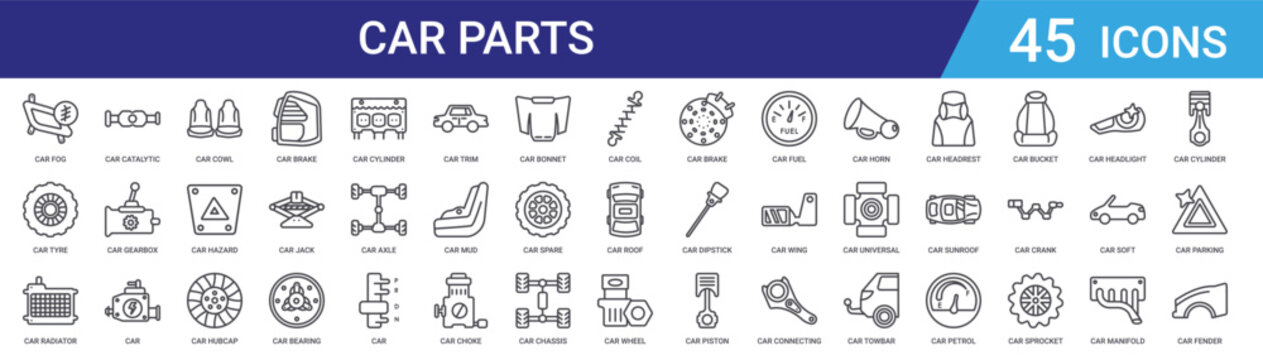 Set of 45 outline car parts automotive icons including brake light, hubcap, gearbox, carburettor, catalytic converter. Vector line icons for web and mobile