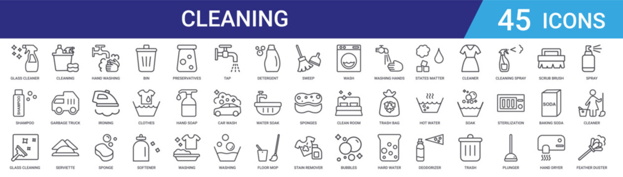 Set of 45 outline cleaning icons including bin, sponge, ironing, hand washing, garbage truck, detergent, mop. Line vector icons for web and mobile app