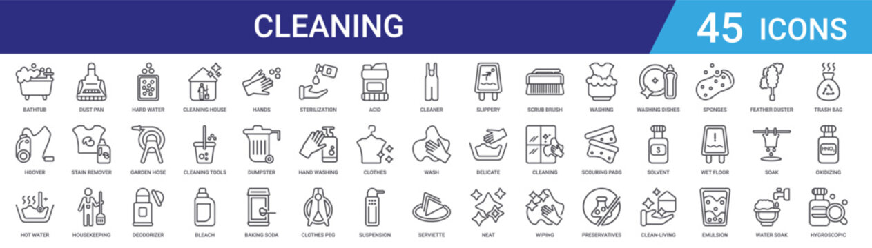 Set of 45 outline cleaning house icons including deodorizer, garden hose, housekeeping, stain remover, dust pan vector icons for home, mobile app, web design