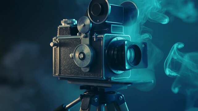 Vintage camera on tripod with smoke effect